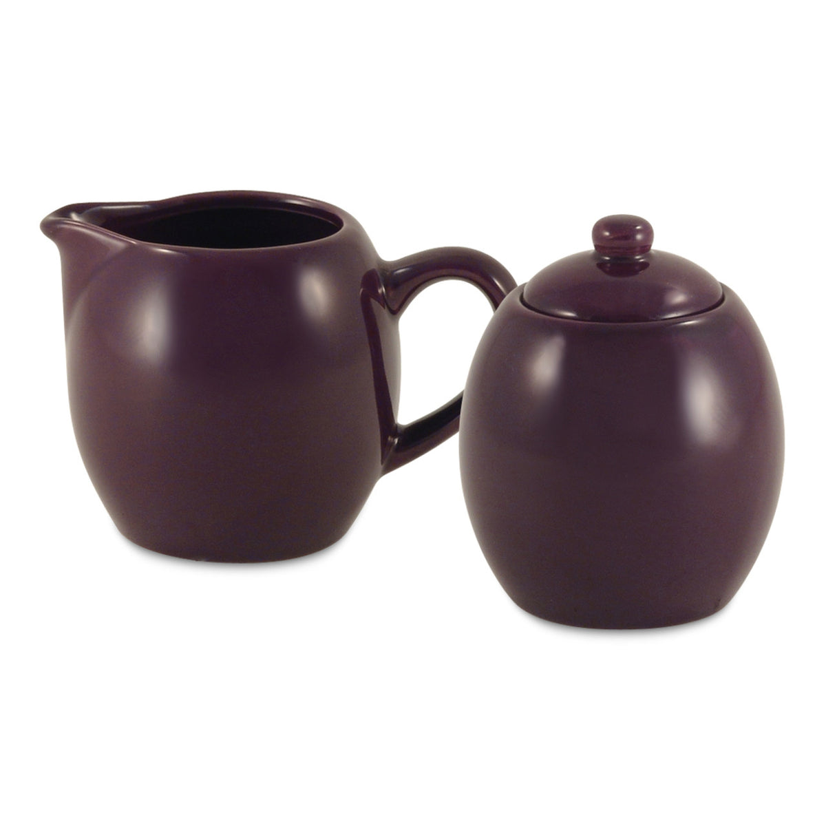 Plum ceramic sugar and creamer tea set on a white background