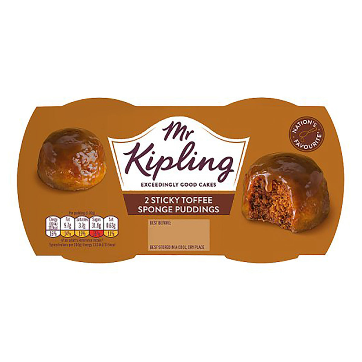 Packaging of Mr. Kipling Sticky Toffee Sponge Puddings on a white background