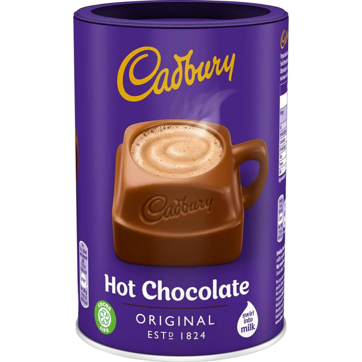 Cadbury hot chocolate packaging with a purple canister and chocolate mug design.