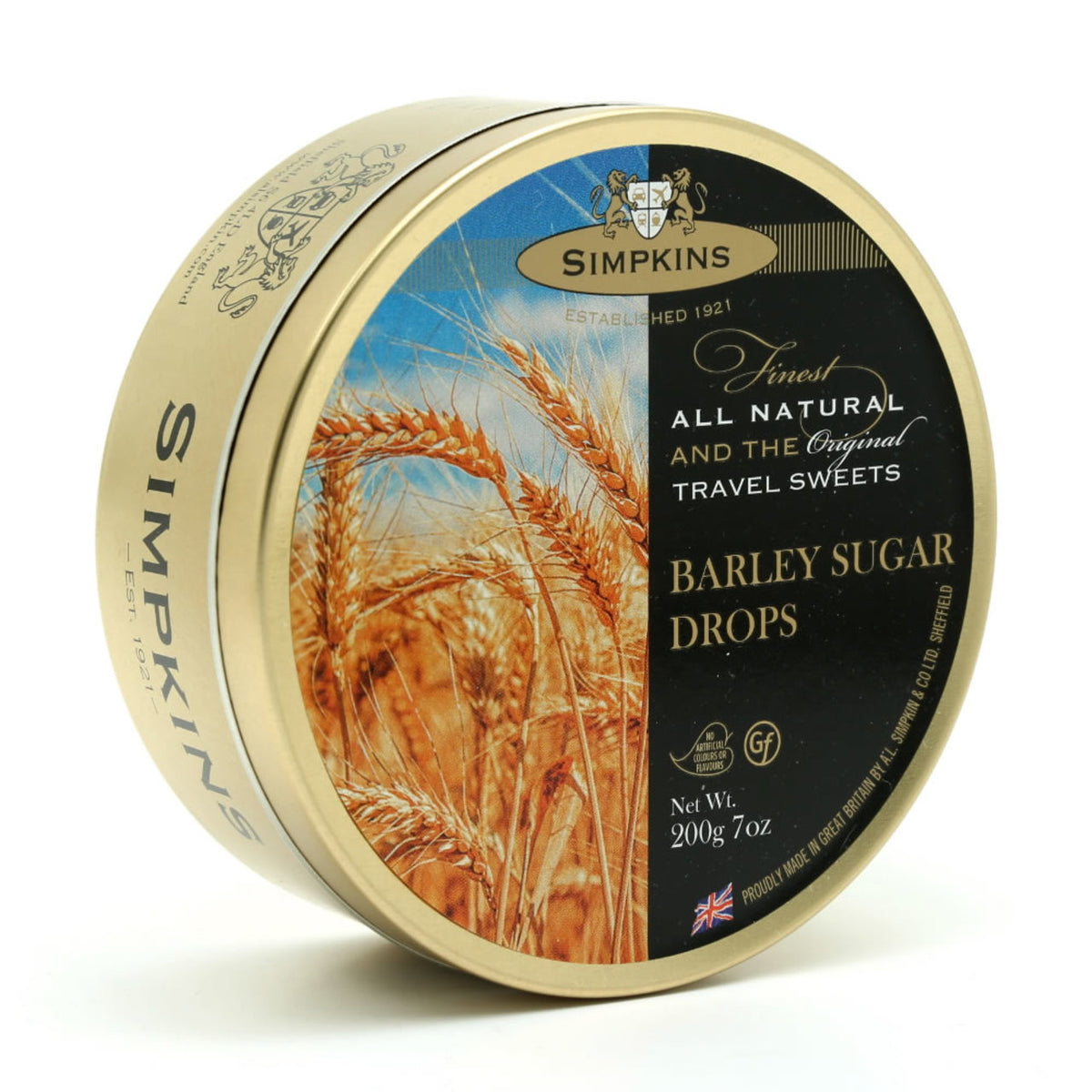 Simpkins Barley Sugar Drops tin with wheat illustration on a white background