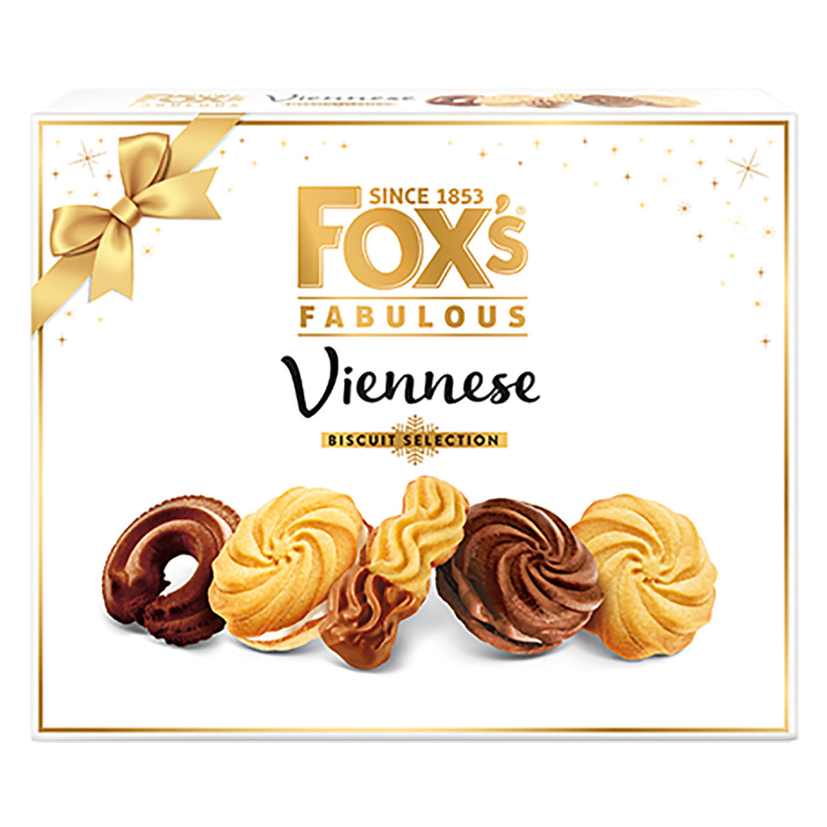 Fox's Fabulous Viennese Biscuit Selection packaging with cookies and gold bow on a white background