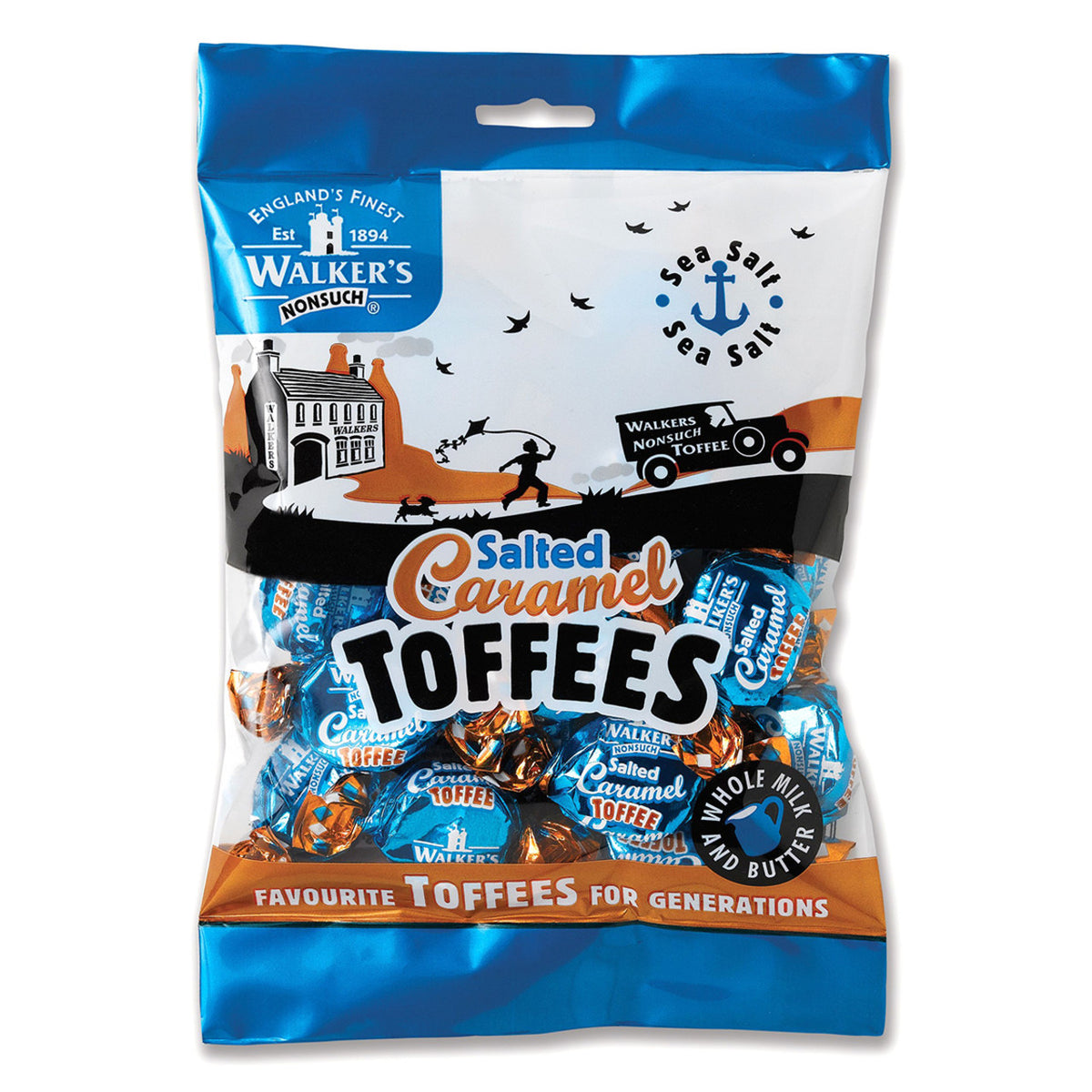 Packaging of Walkers Salted Caramel Toffees with branding and product details.