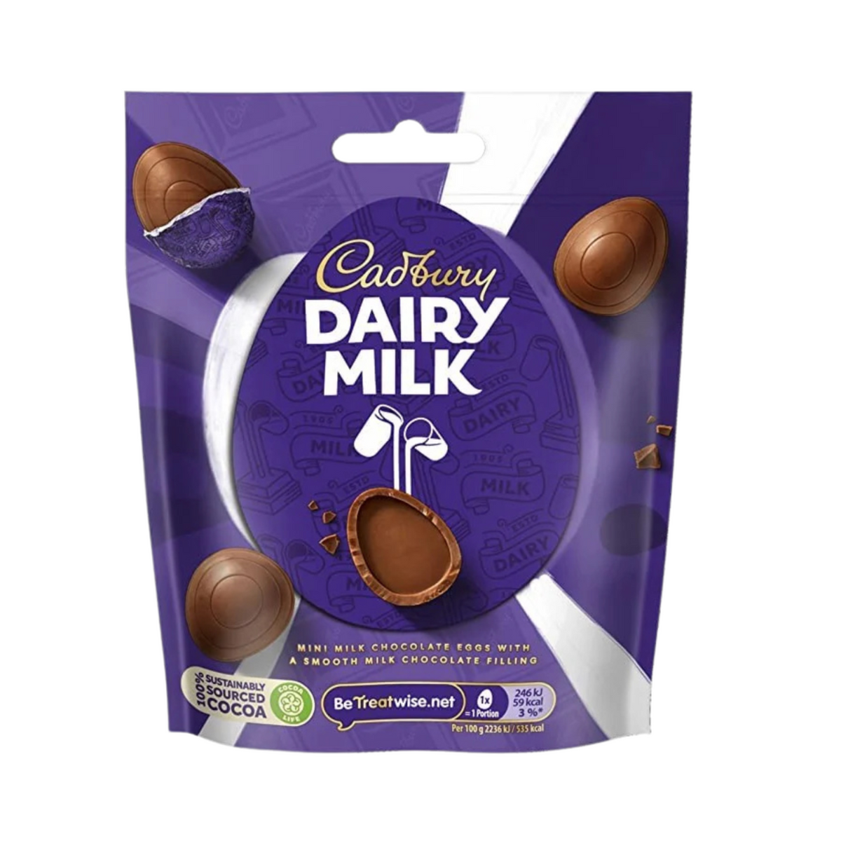 Cadbury Dairy Milk chocolate eggs packaging on a white background