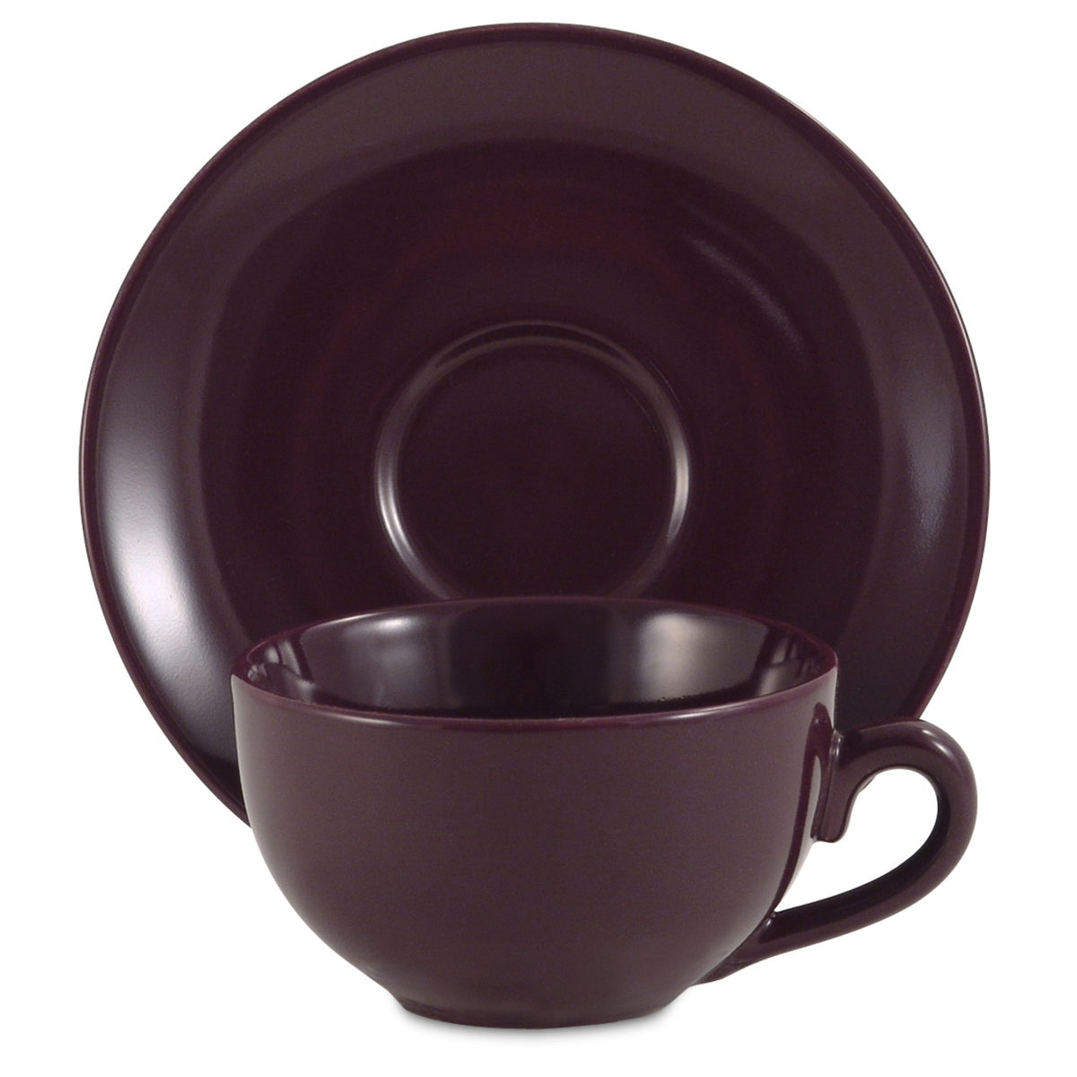 Plum ceramic cup and saucer set on a white background