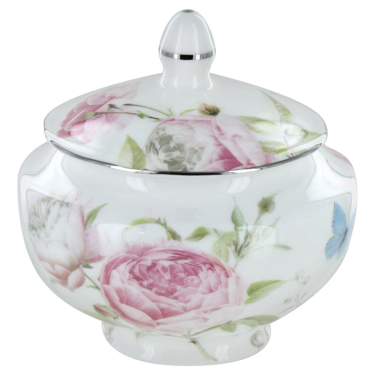 Rose bone ceramic sugar bowl with floral design and silver lid on a white background
