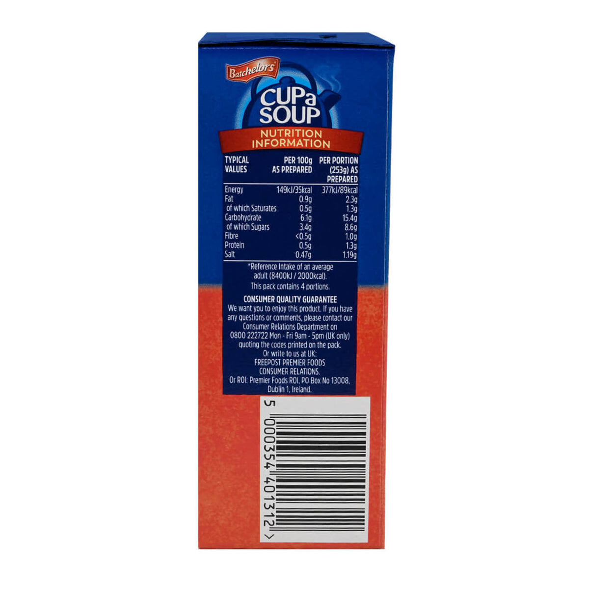 Back view of a Batchelor's Cup-a-Soup package with nutritional information.
