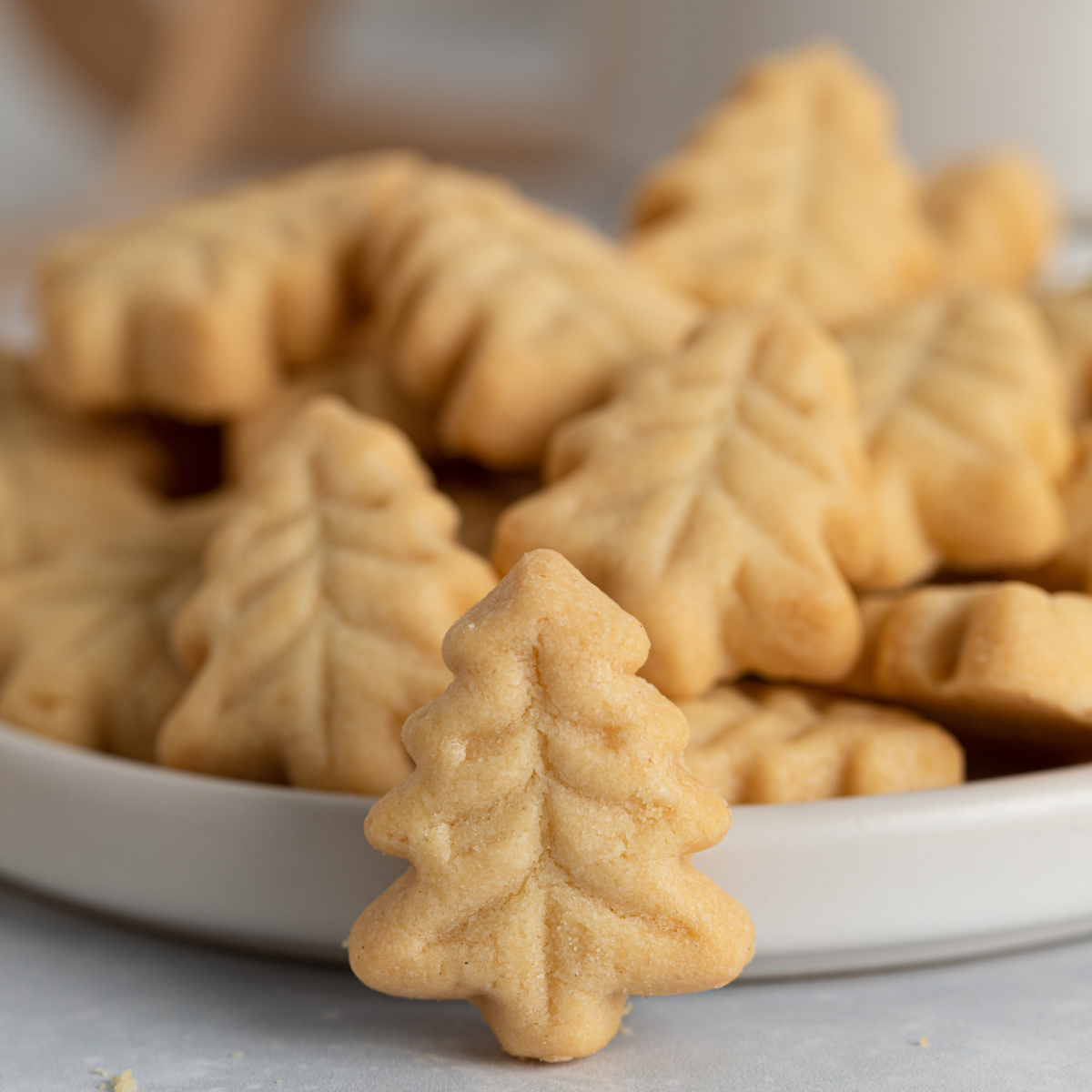 Close up of a plate of tree shaped short bread cookies