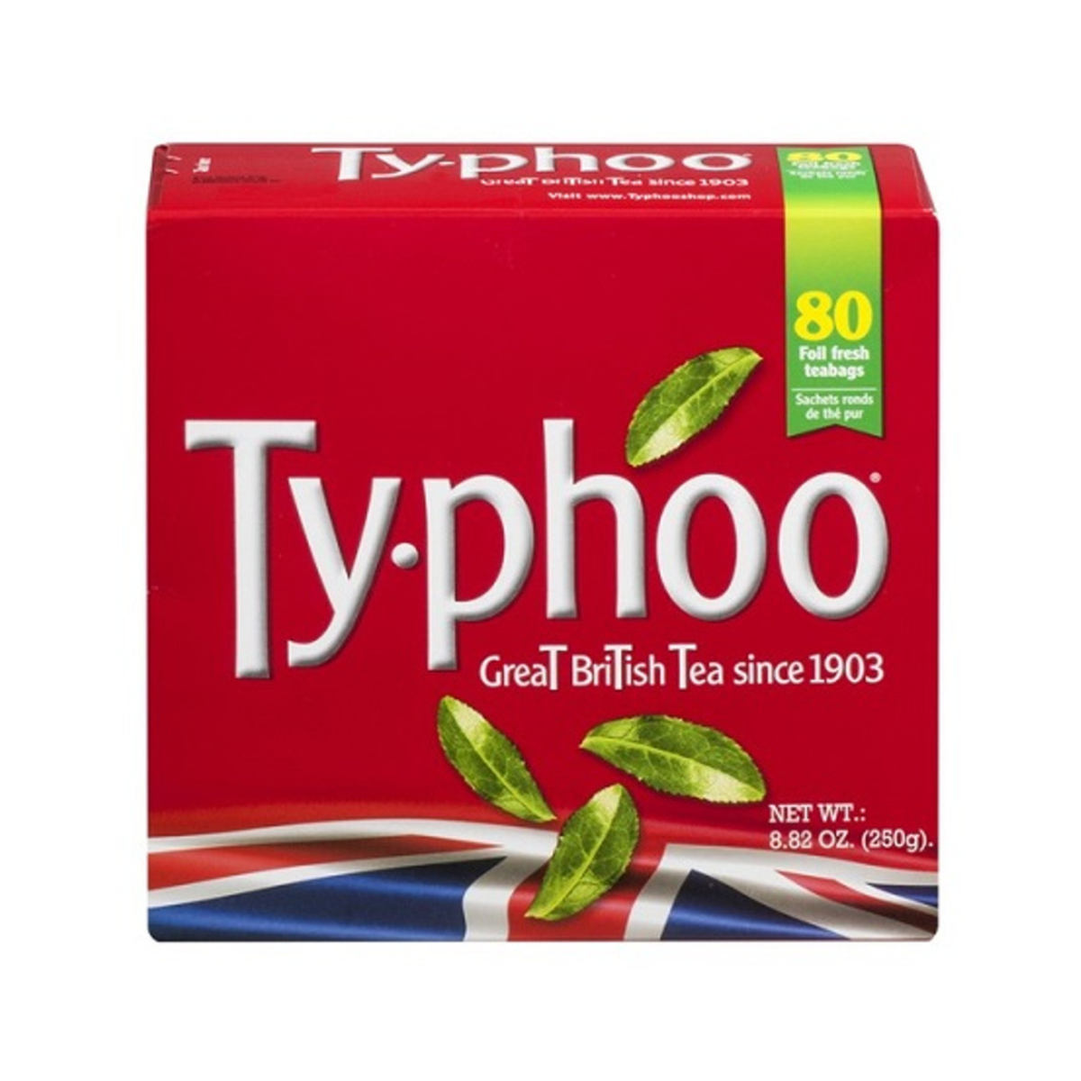 Typhoo tea box with red background and green leaves