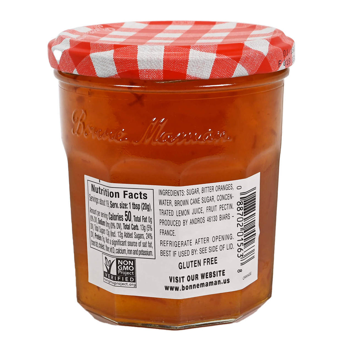 Jar of Bonne Maman marmalade with a red and white checkered lid on a white background