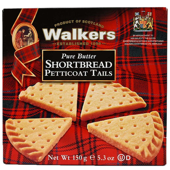 Box of Walkers Shortbread Petticoat Tails on a red plaid background