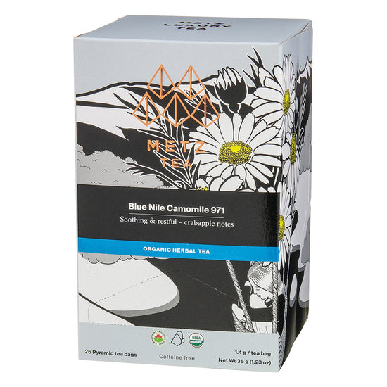 Box of Metz Blue Nile Camomile featuring artistic drawings of camomile flowers.