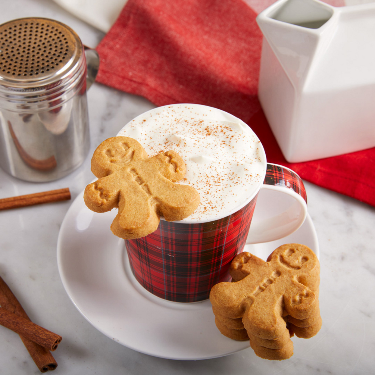 Cup of hot chocolate with gingerbread cookies on a red plaid mug, surrounded by cinnamon sticks and a teapot.