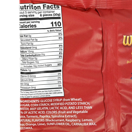 Bag side of a red bag of Norfolk Manor Wine Gums gummy candies featuring Nutrition facts.