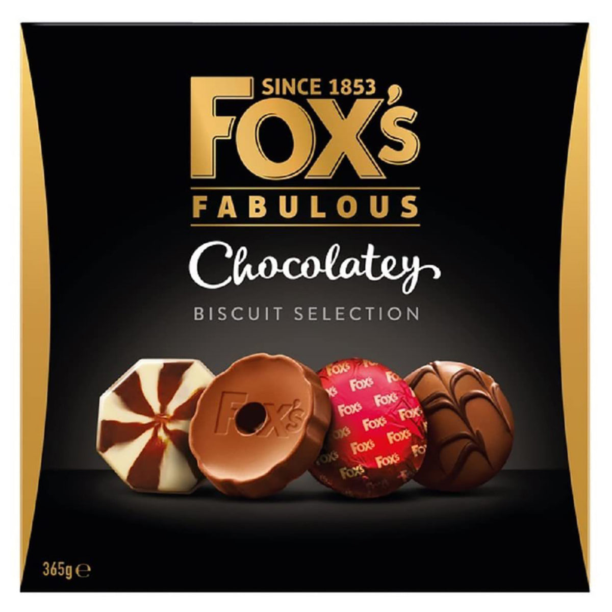 Packaging of Fox's Fabulous Chocolatey Biscuit Selection with cookies displayed on a black background.