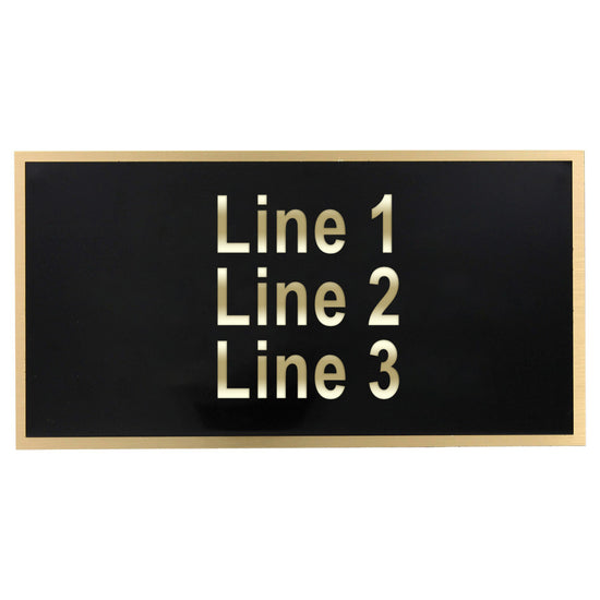 Black engraved plate with gold trim and placeholders for Line 1, Line 2, and Line 3