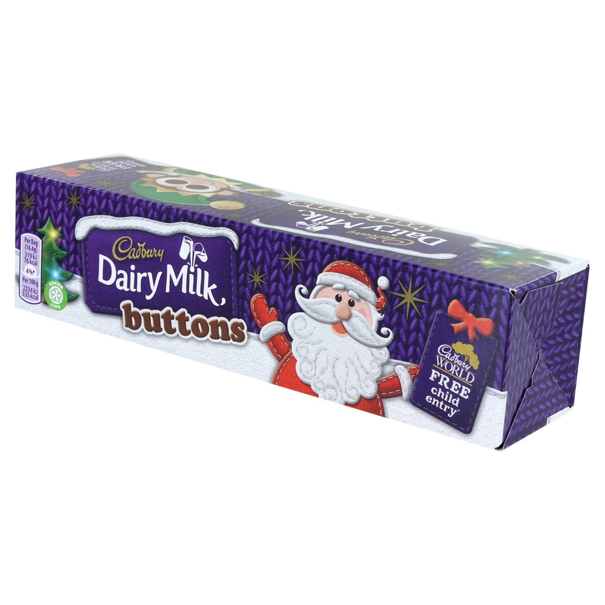 Cadbury Dairy Milk Buttons chocolate box with Santa Claus design on a white background