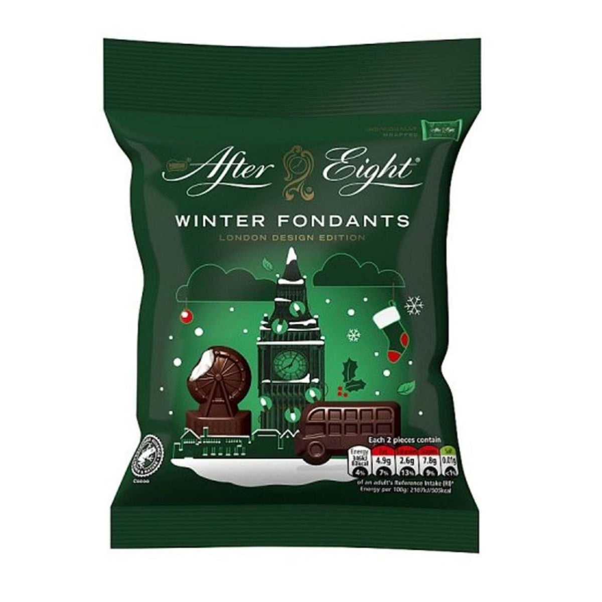 Green packaging of After Eight Winter Fondants with festive design elements on a white background
