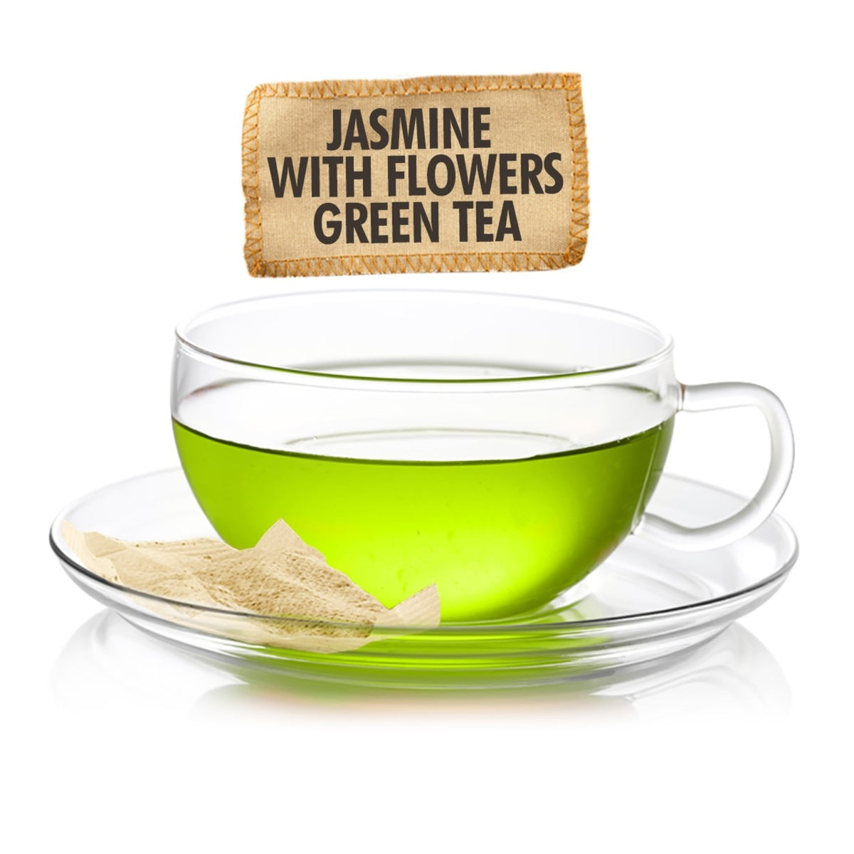 Clear glass cup filled with green tea, saucer, and jasmine flower bag on a white background