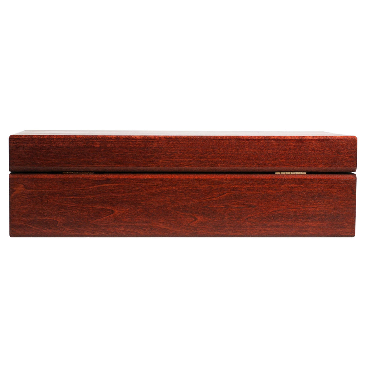 Back view of a closed cherry wood tea chest box.