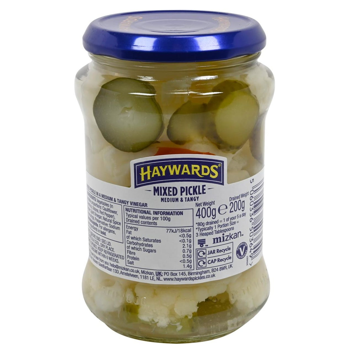 Jar of Haywards Mixed Pickel with nutritional label and visible items