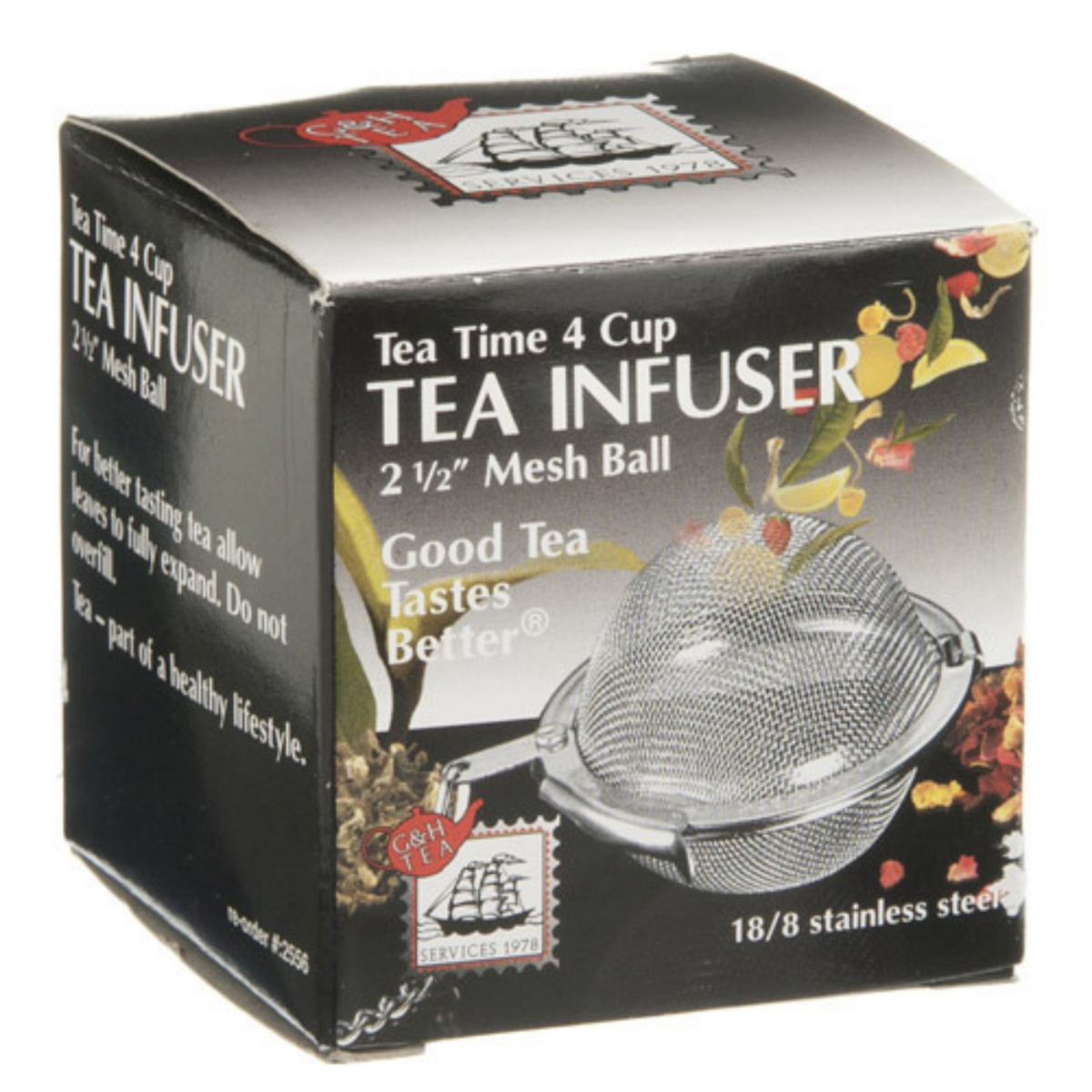 Tea infuser packaging with text and an image of the tea infuser on a black background.