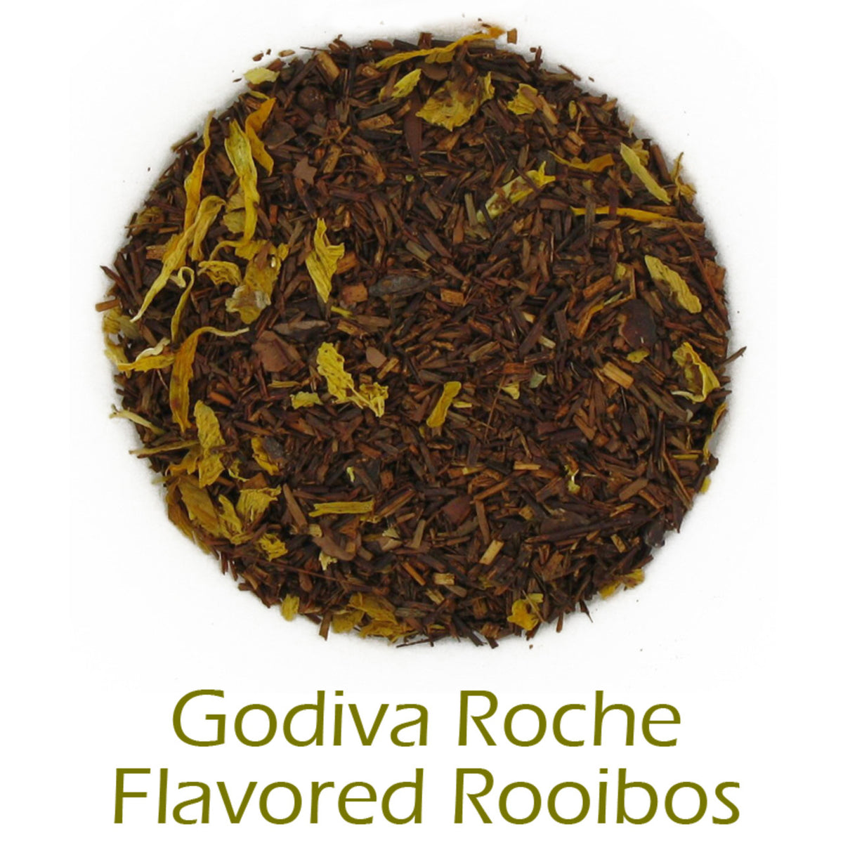 Godiva Roche Flavored Rooibos loose-leaf tea in a circular pattern on a white background with product name callout at the bottom