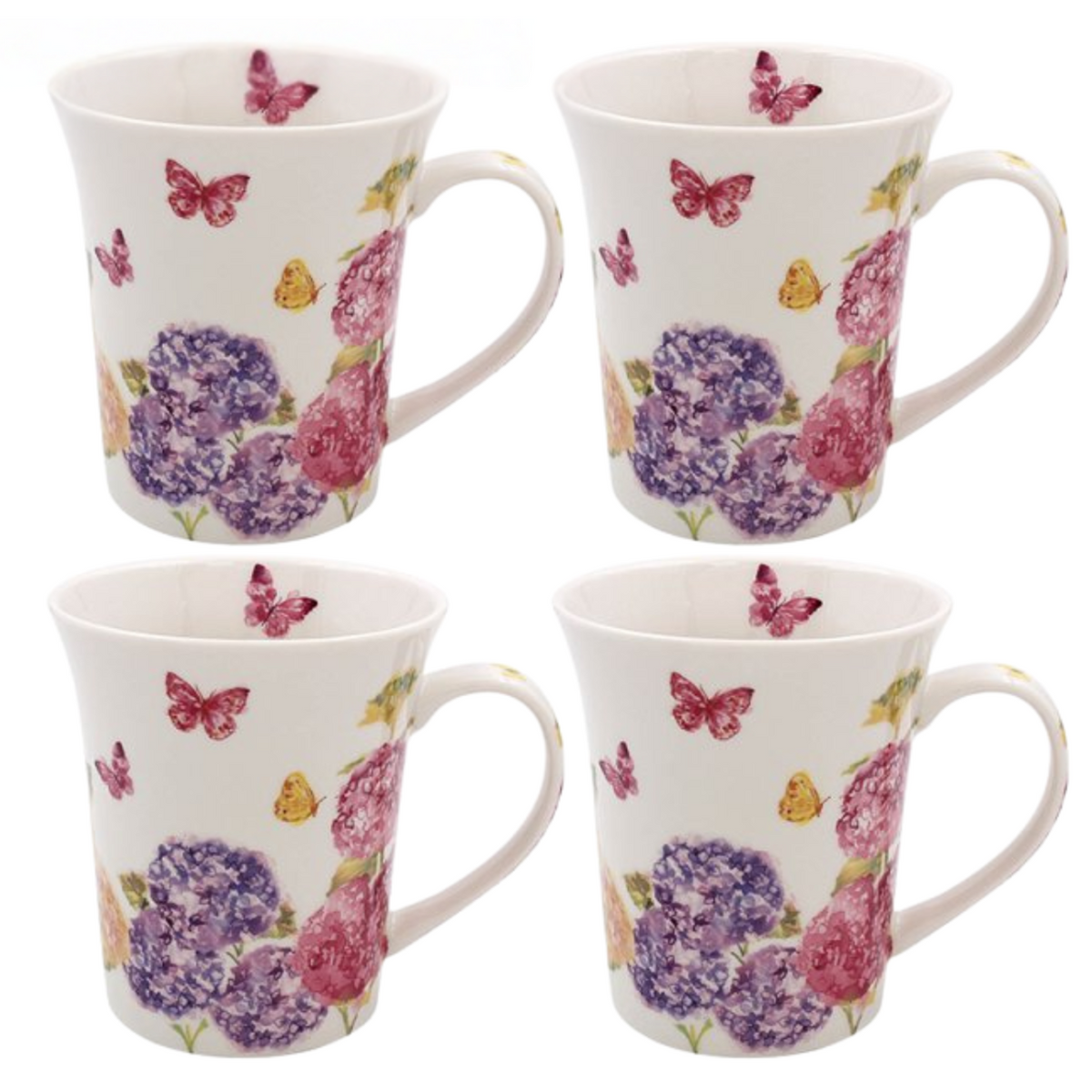 Set of four mugs with floral and butterfly design on a white background