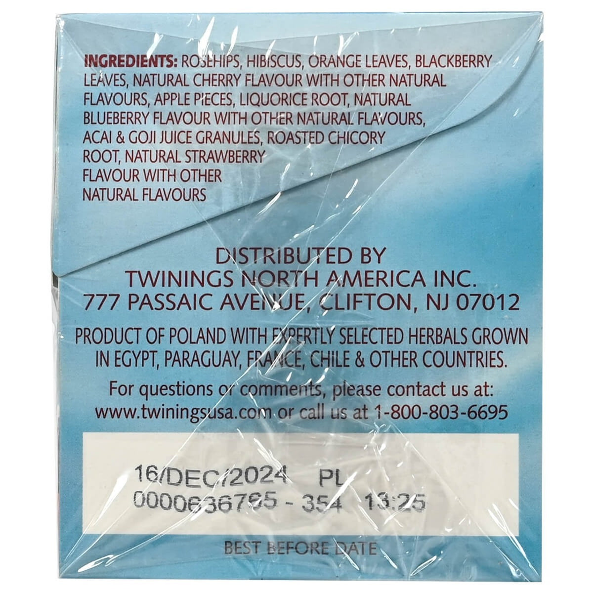 Side of a box of Twinings Rosehips, hibiscus orange tea with ingredients.