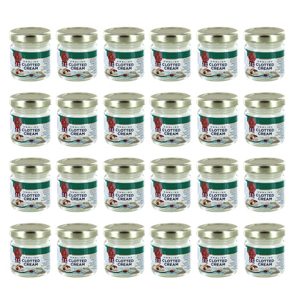 Four rows of six 1oz jars of English Clotted Cream on a white background