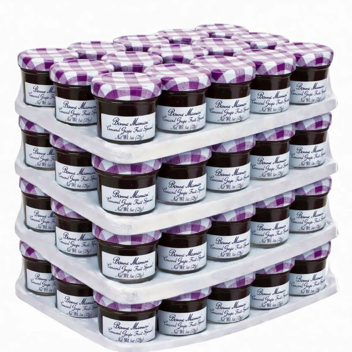 Stack of 4 rows of 15 jars of Concord Grape Bonne Maman fruit spread with purple checkered lids and white labels.  Stack is on a white background.