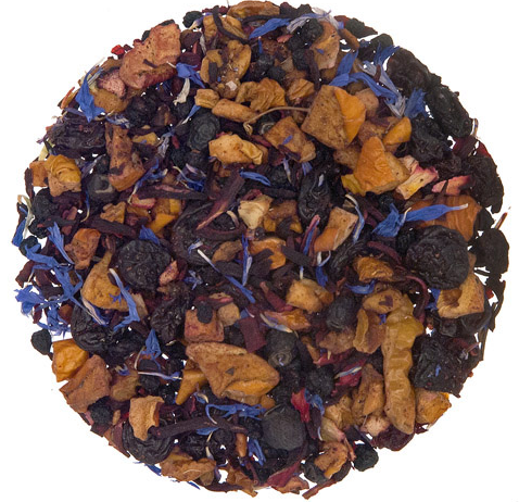 A circular pile of loose-leaf herbal tea blend on a plain white background, featuring dried orange-brown citrus slices, dark purple berries, and bright blue flower petals.