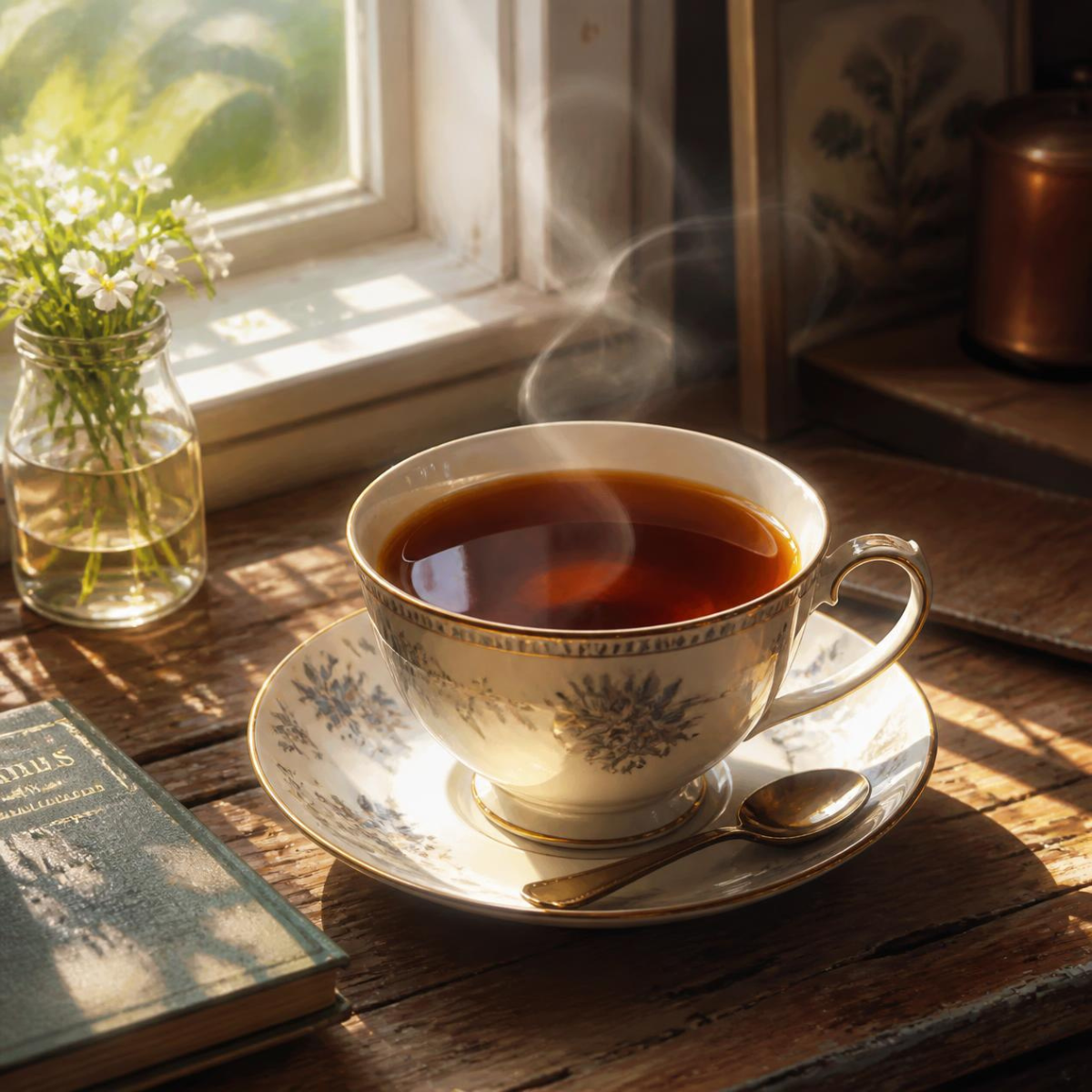 A steaming cup of black tea in an ornate white teacup and saucer with blue floral detailing, set on a rustic wooden table by a window. A small glass vase with white flowers, a book, and a spoon are nearby, with warm sunlight and soft shadows creating a cozy atmosphere.