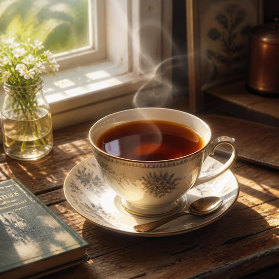 A steaming cup of black tea in an ornate white teacup and saucer with blue floral detailing, set on a rustic wooden table by a window. A small glass vase with white flowers, a book, and a spoon are nearby, with warm sunlight and soft shadows creating a cozy atmosphere.