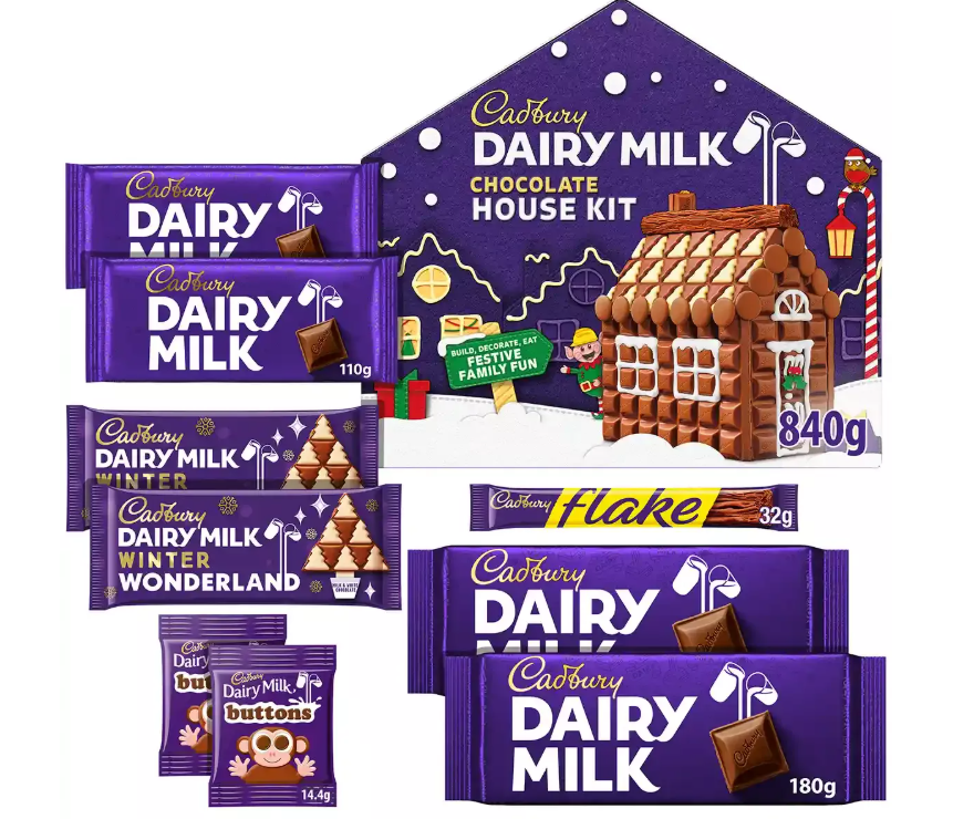 Cadbury Dairy Milk Chocolate House Kit. The items included in the kit.