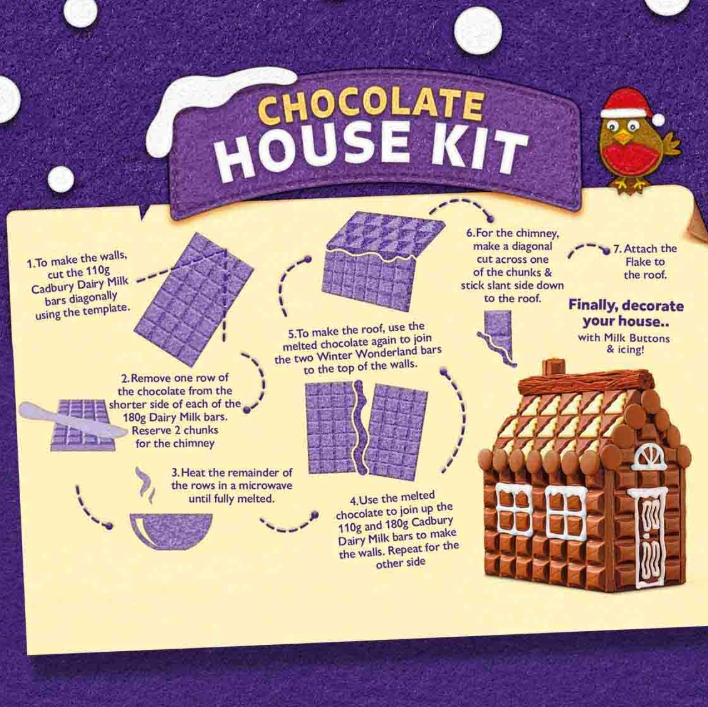 Cadbury Dairy Milk Chocolate House Kit instructions. The purple house-shaped box displays a festive snowy scene and a model of the completed build-it-yourself chocolate house.
