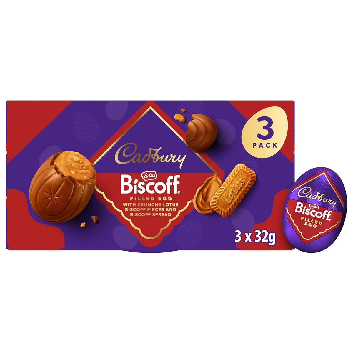 Cadbury Biscoff filled egg packaging with a purple and red design on a white background