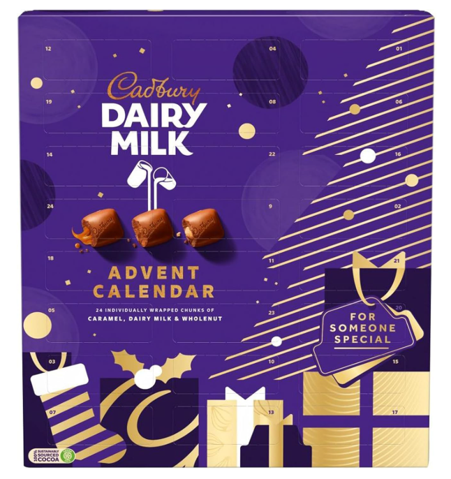 Cadbury Dairy Milk Advent Calendar packaging with gold illustrations on a purple background