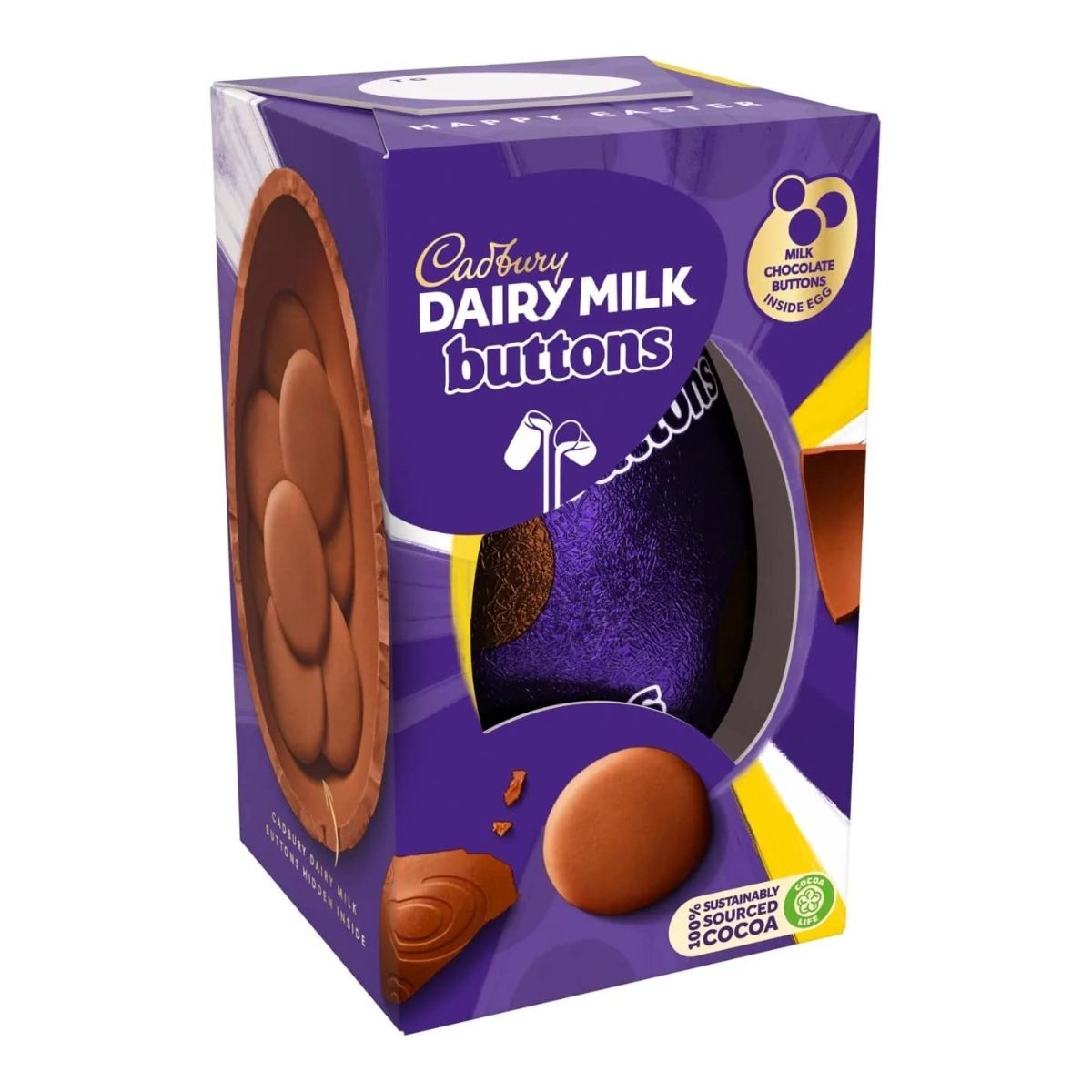 Purple package for Cadbury Dairy Milk Buttons with a cut out showing the purple foil of a Cadbury Chocolate Egg filled with chocolate buttons