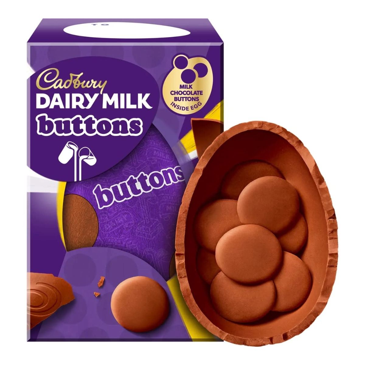 Purple package of Cadbury Dairy Milk Buttons with a half opened chocolate egg outside the package showing 8 chocolate pieces which are referred to as buttons