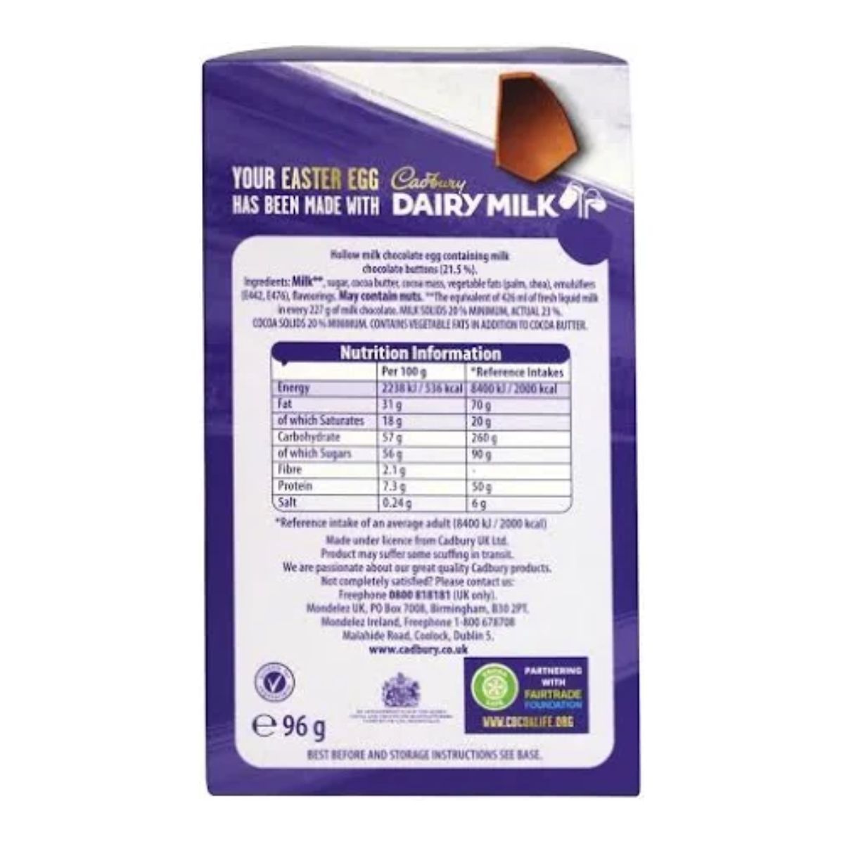 Back side of a purple box of Cadbury Dairy Milk Easter egg with nutritional information.
