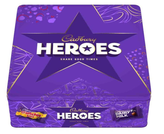 Purple Cadbury Heroes chocolate tin with star design on a white background