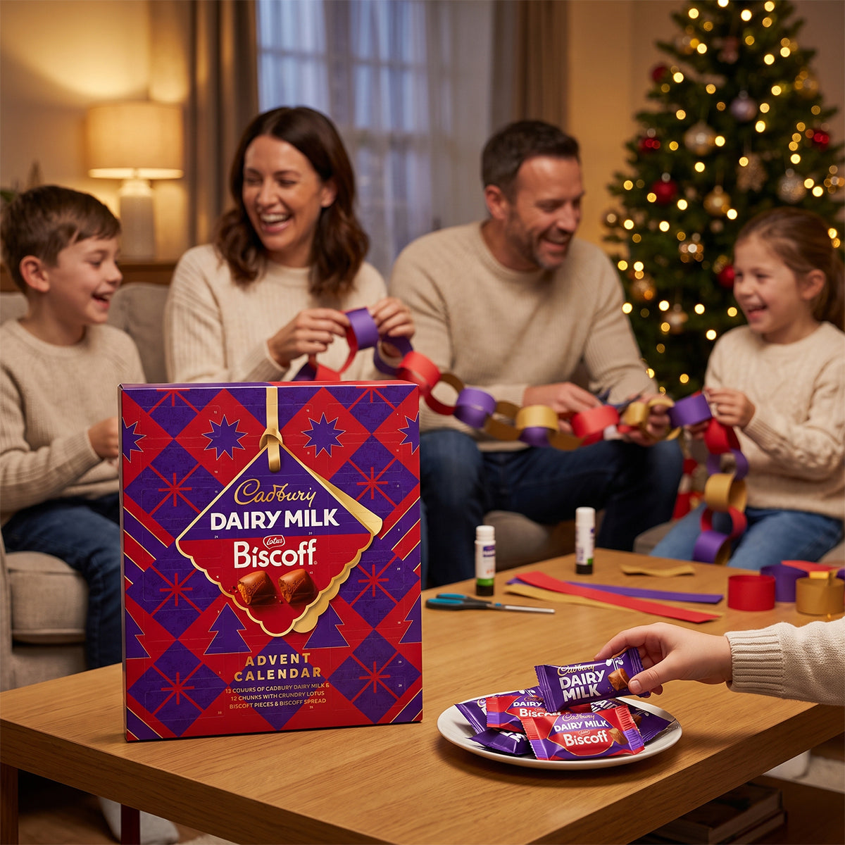 Family in a living room with a Christmas tree, opening a Cadbury Dairy Milk Biscoff Advent Calendar