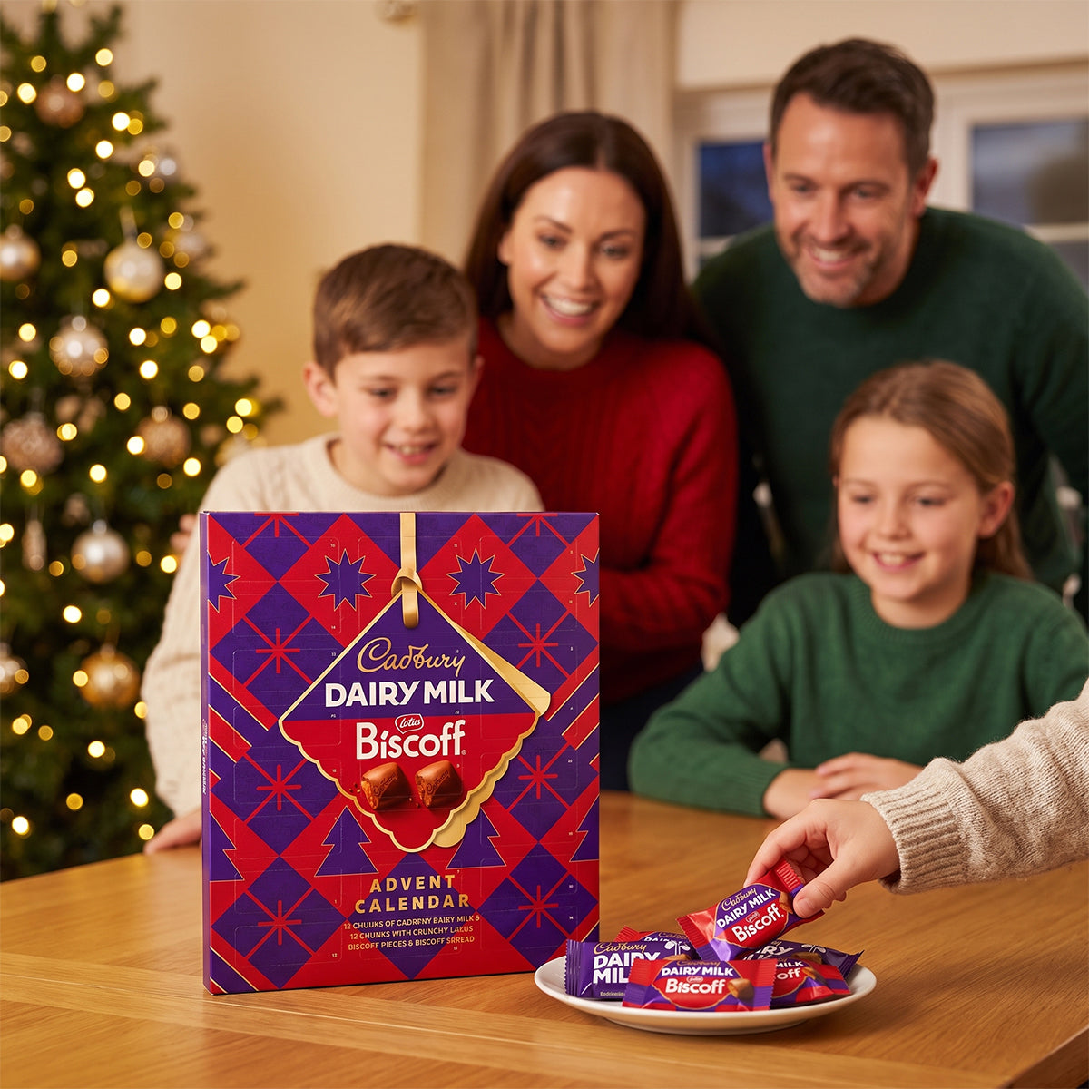 Family at a table with a Christmas tree, a boy opening a Cadbury Dairy Milk Biscoff Advent Calendar and sharing chocolates
