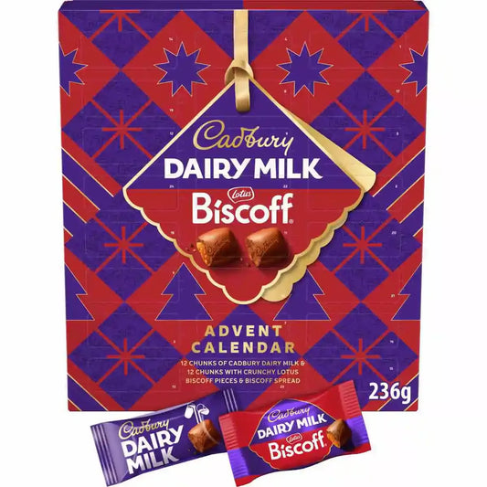Cadbury Dairy Milk Biscoff Advent Calendar (236g). The purple and red festive box displays a large central tag with Cadbury and Biscoff branding, accompanied by two wrapped mini chocolate candies at the bottom.
