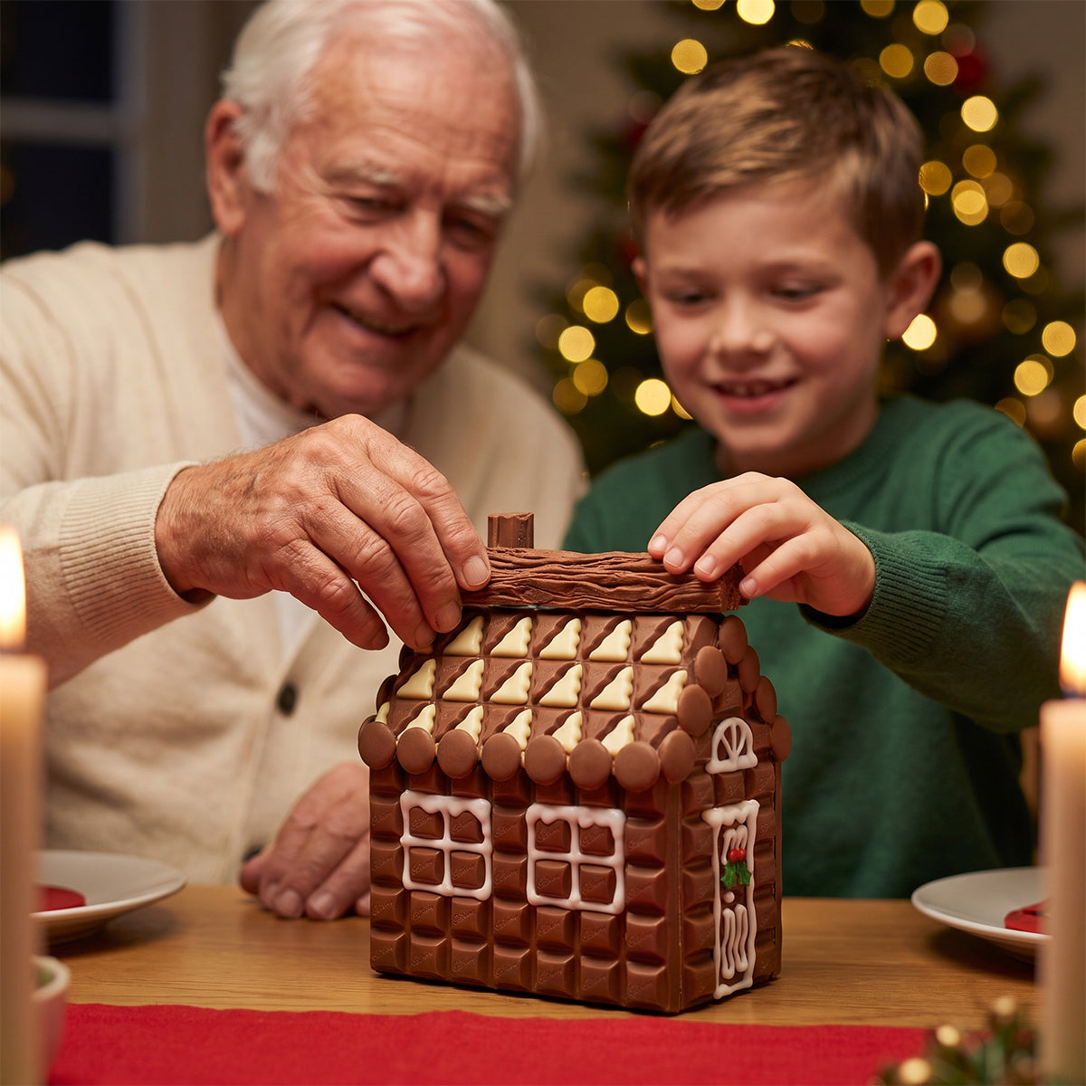 Older man and boy assembling a chocolate house kit by a Christmas tree