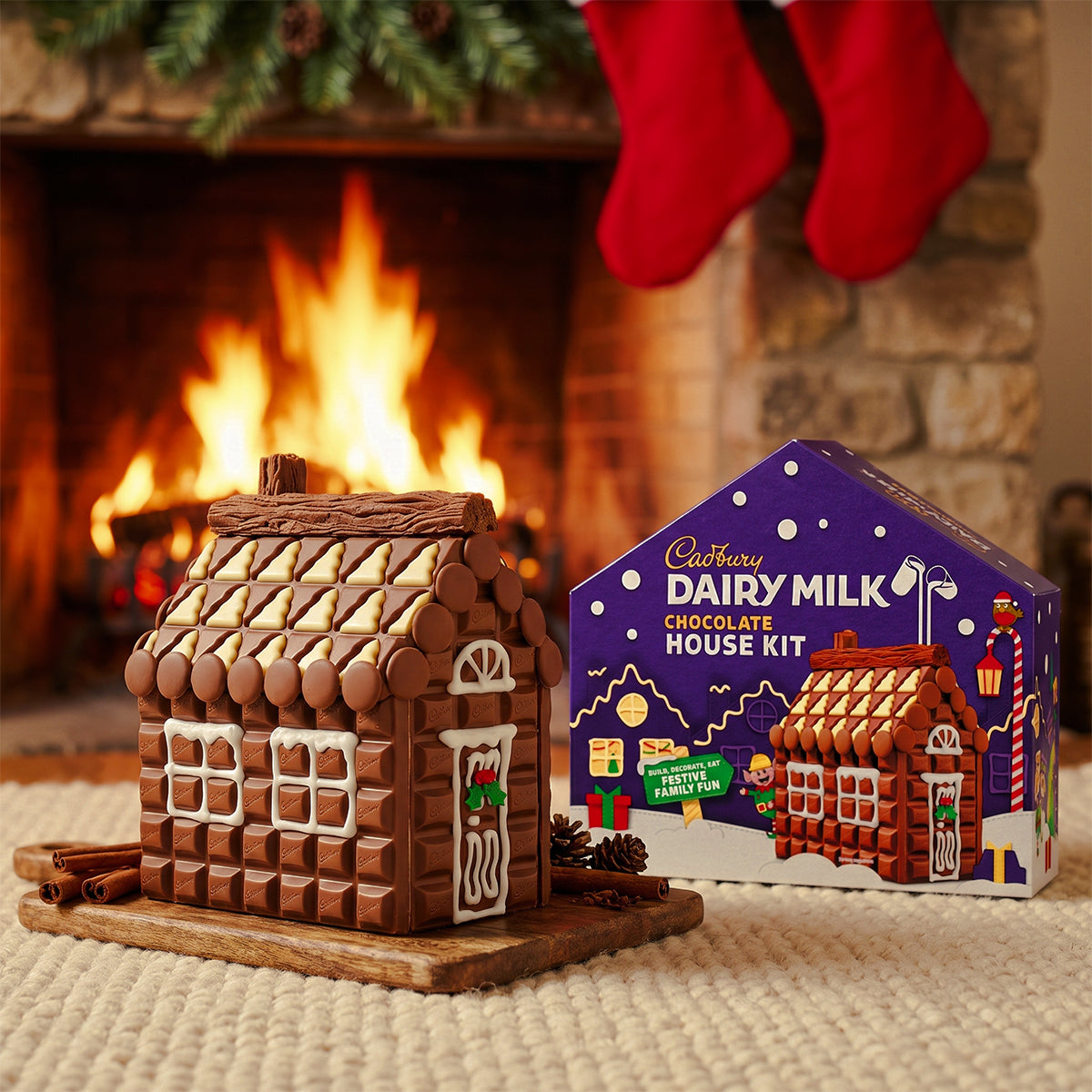 Chocolate house on a board beside its box in front of a fireplace with stockings