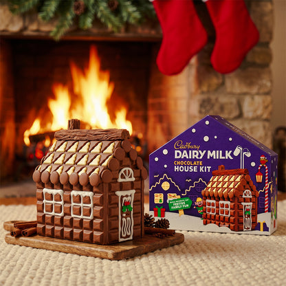 Chocolate house on a board beside its box in front of a fireplace with stockings