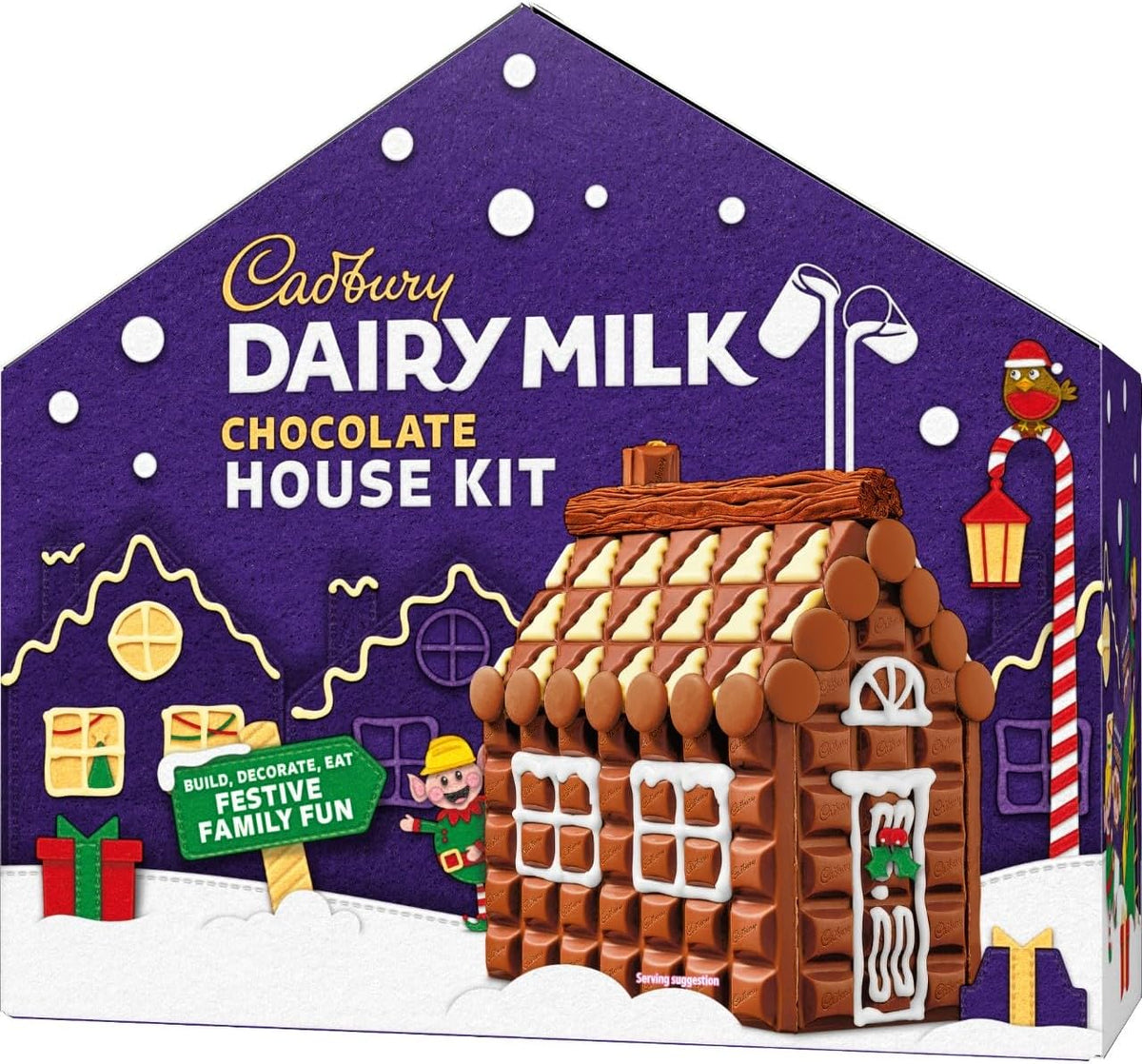 Cadbury Dairy Milk Chocolate House Kit. The purple house-shaped box displays a festive snowy scene and a model of the completed build-it-yourself chocolate house.
