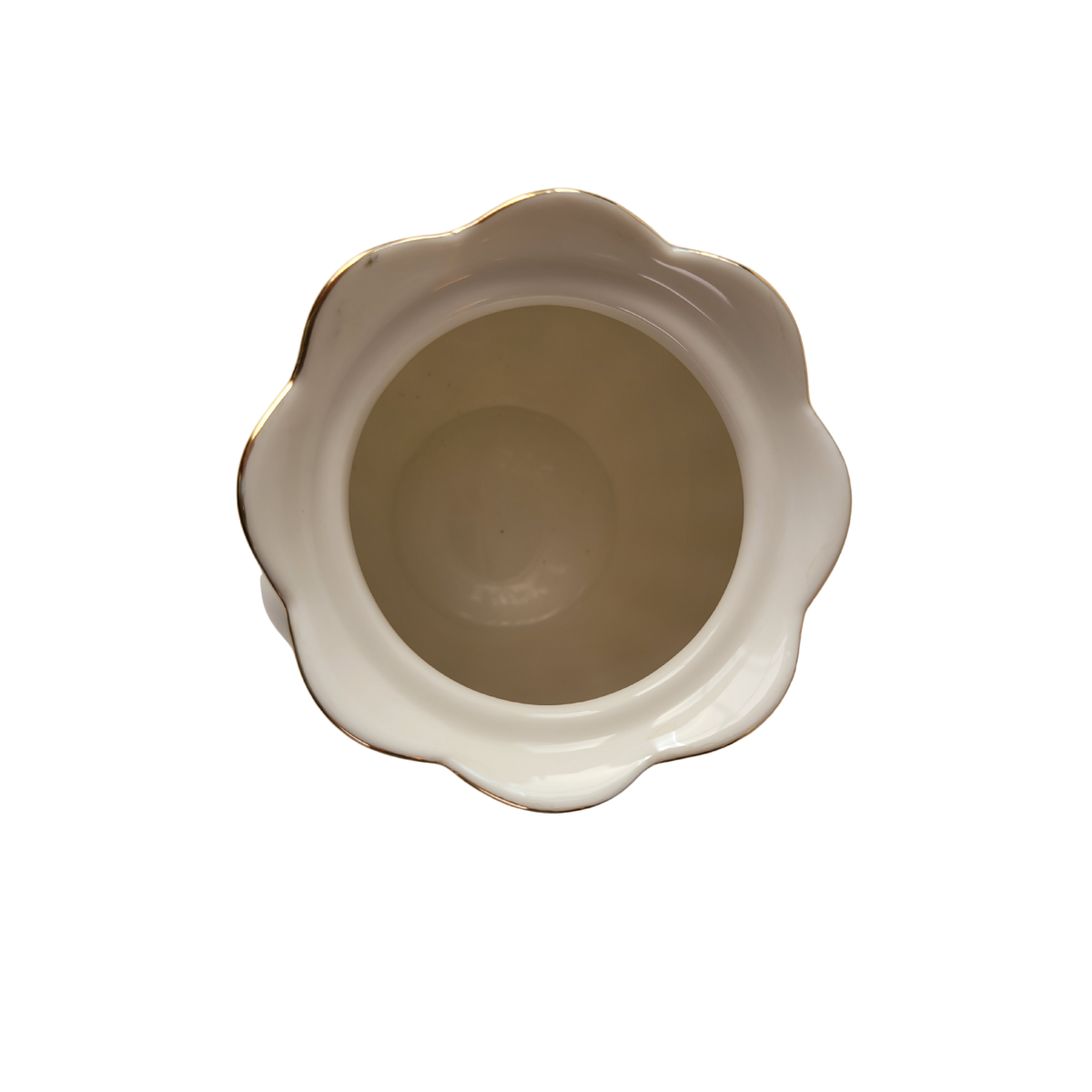 Inside top-down view of a Luster Gold Porcelain gold trimmed sugar bow with lid off