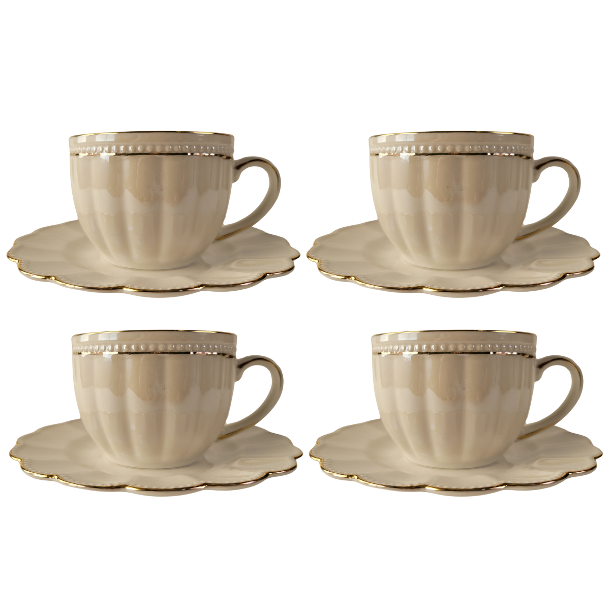 Set of four Luster Gold Porcelain gold trimmed teacups and saucers